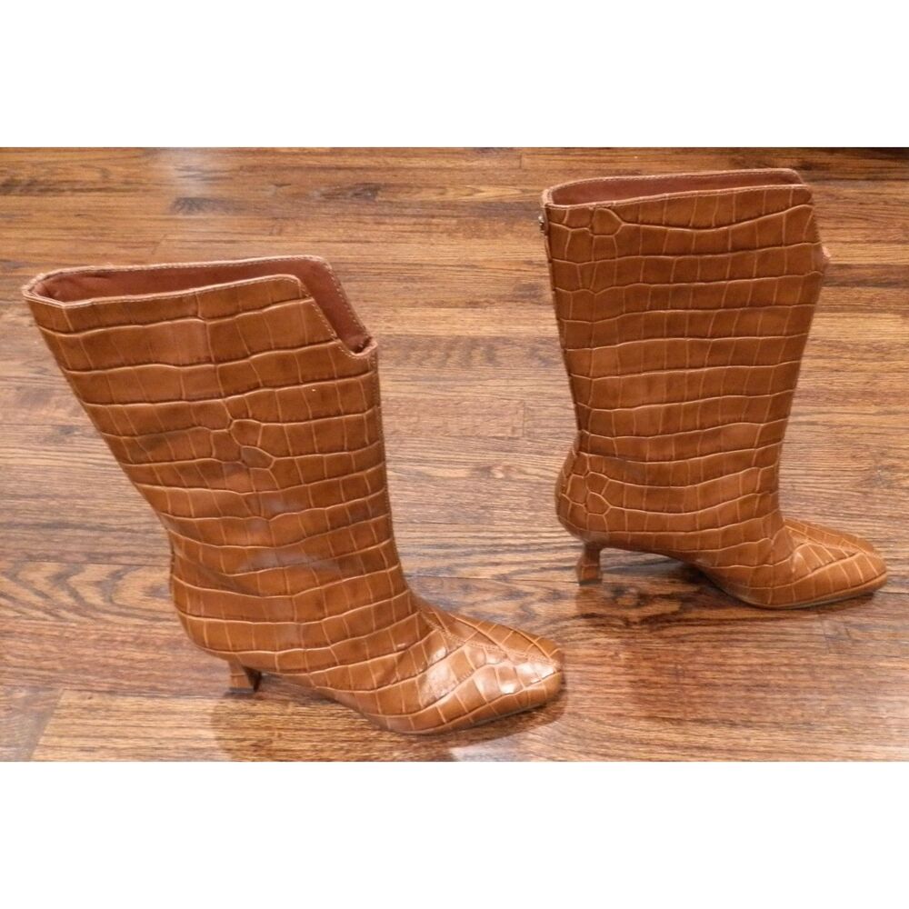 Sam Edelman Croc-Embossed Mid-Calf Kitten Heel Boots in Brown